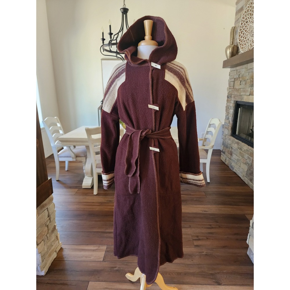 Vintage 70s Western Mantessa Wool‎ Blanket Wrap Duster Hood Belted Brown Striped